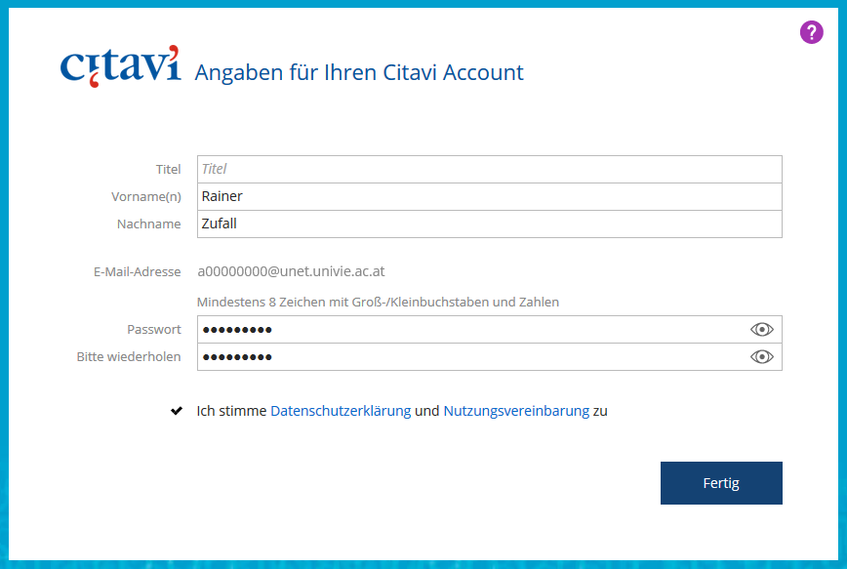 Screenshot Citavi - Angaben für Ihren Citavi Account ausfüllen 