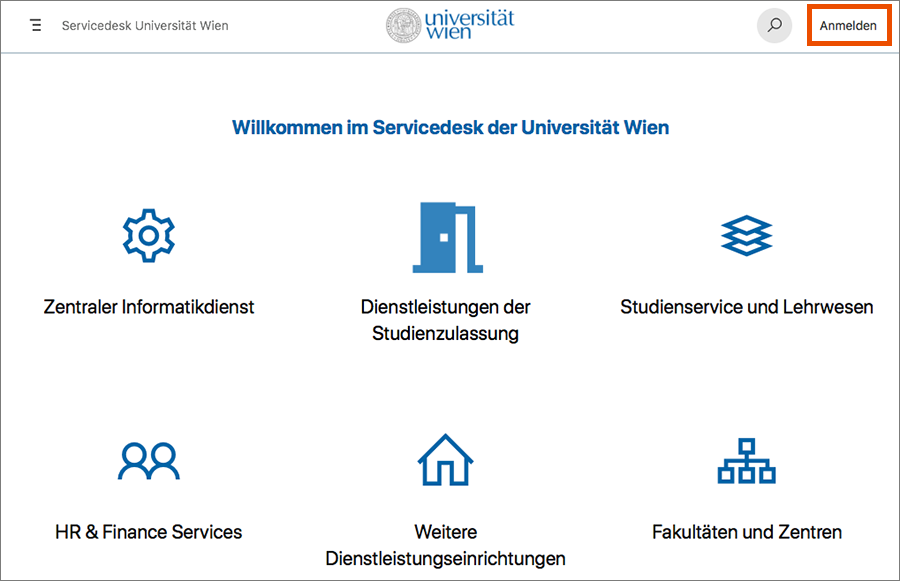 Screenshot – Servicedesk-Startseite