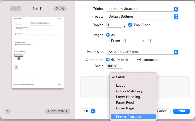 Screenshot macOS printing dialog menu printing options