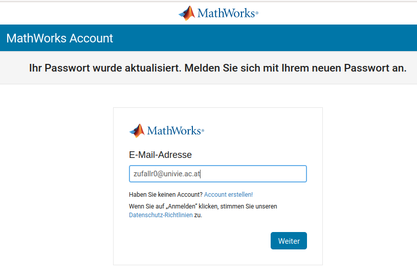 Screenshot MathWorks-Login E-Mail-Adresse