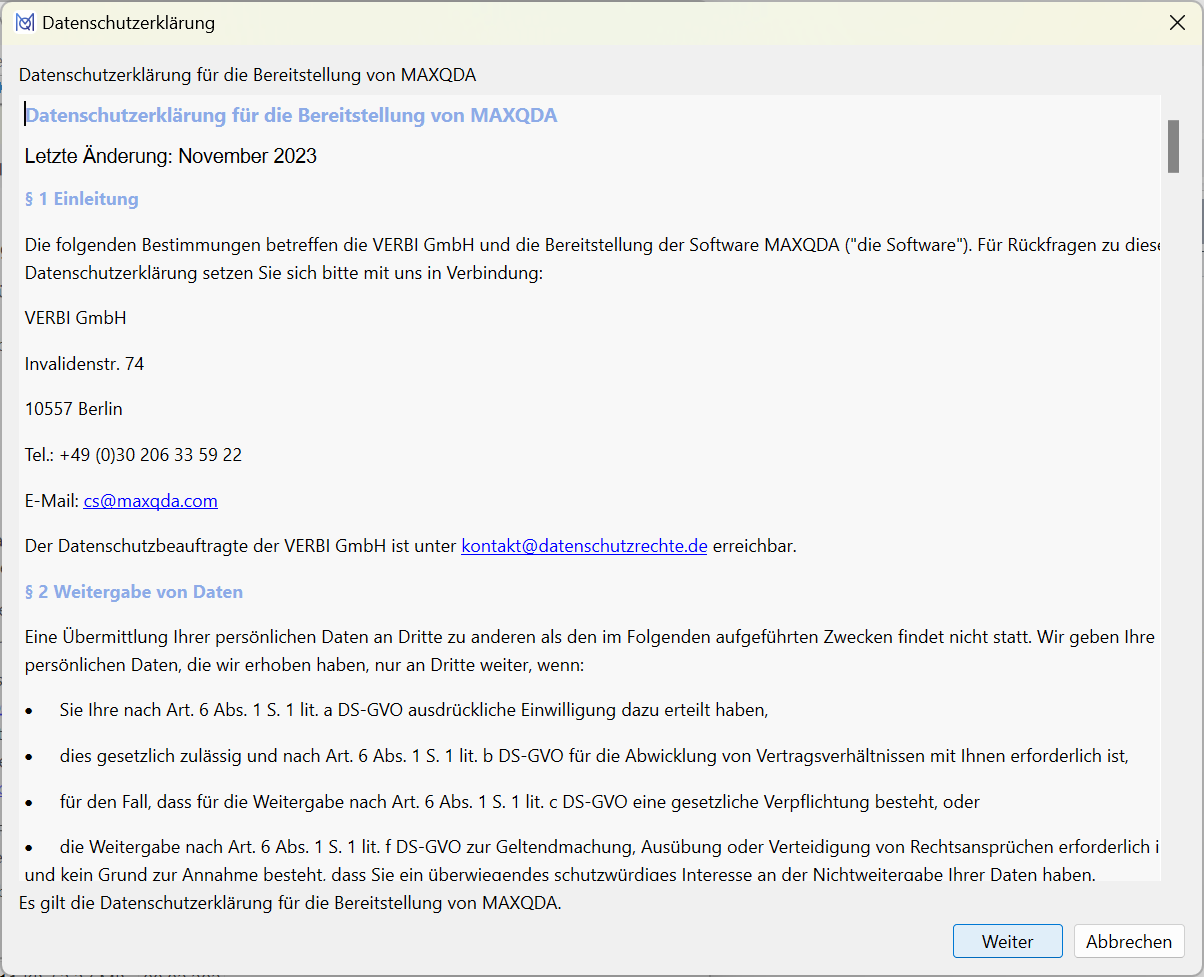 Screenshot MAXQDA Datenschutzerklärung akzeptieren
