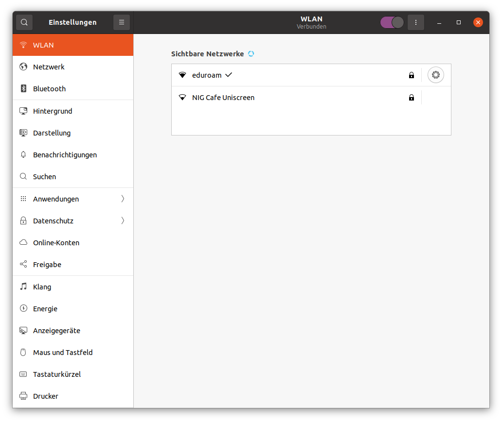 Screenshot Unbuntu - mit eduroam verbunden