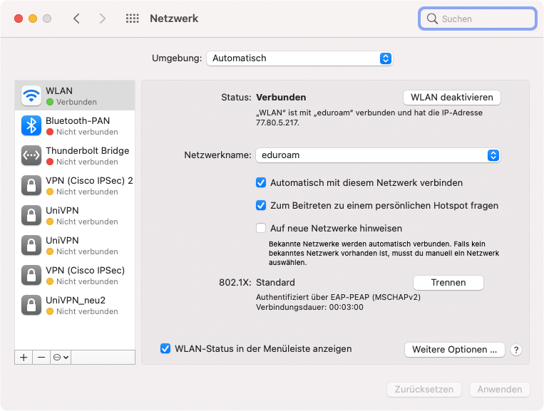 Screenshot eduroam macOS Fenster Netzwerk Weitere Optionen...