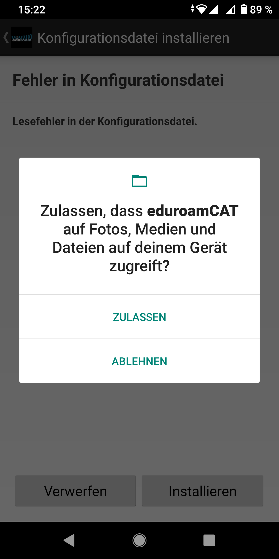 Screenshot Android eduroam CAT App - Dateizugriff erlauben