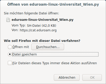 Screenshot Linux eduroam CAT heruntergeladene Datei speichern
