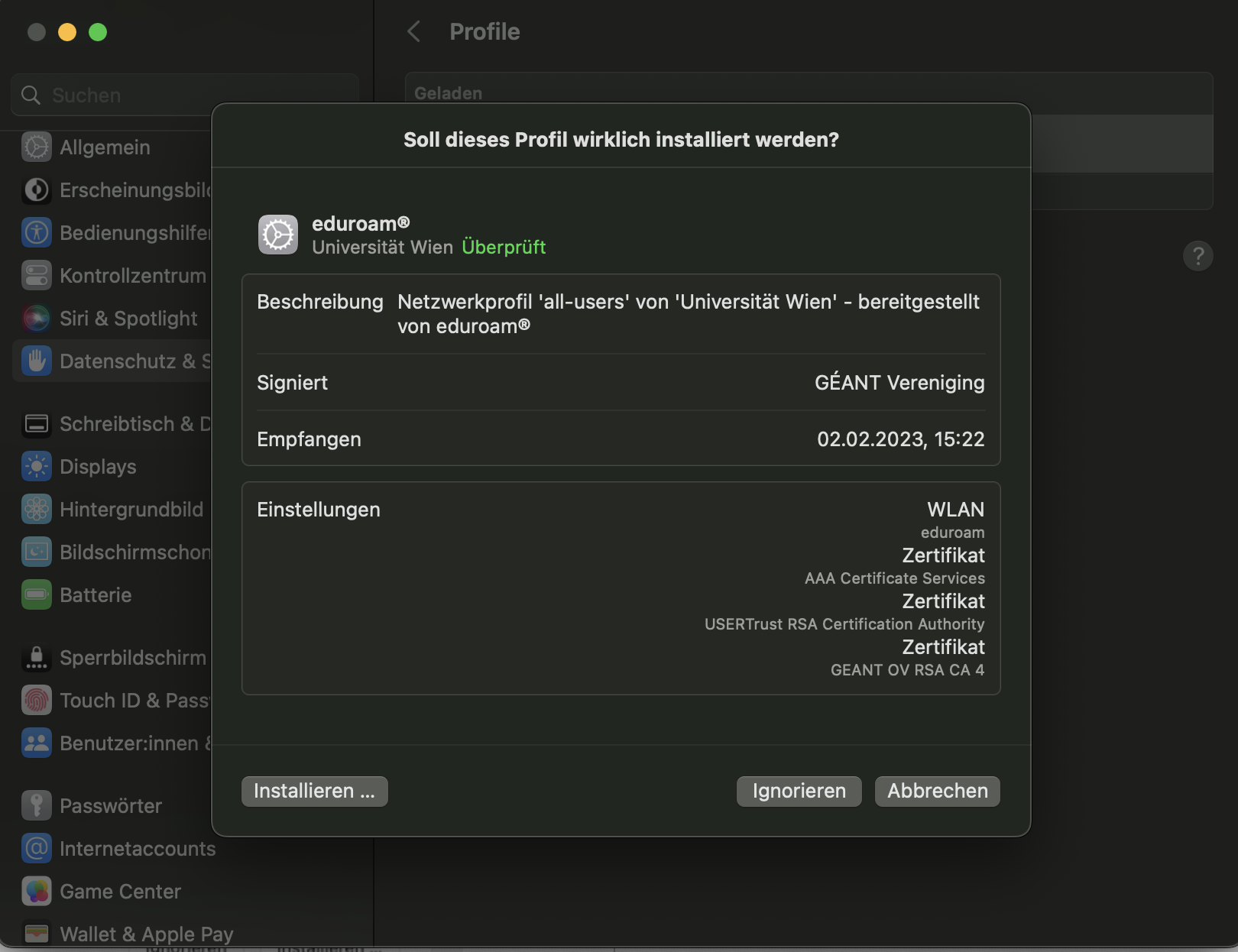 Screenshot macOS Einstellungen Profile eduroam Profil installieren