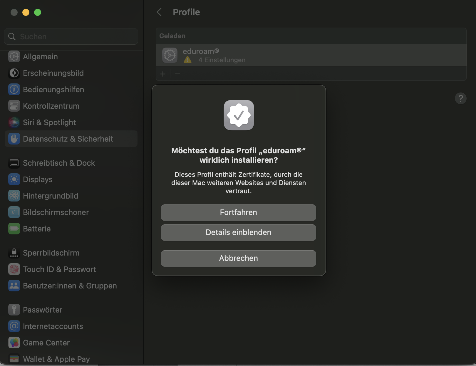 Screenshot macOS - Sicherheitsabfrage eduroam Profil installieren