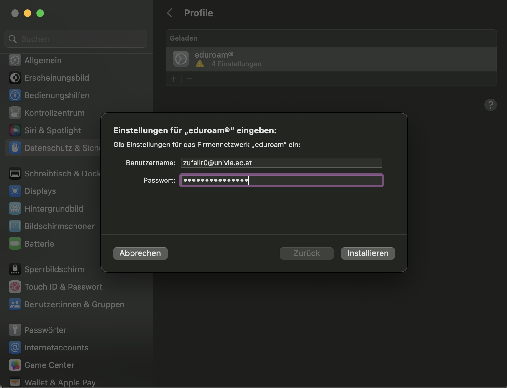 Screenshot macOS Einstellungen Profile eduroam Zugangsdaten eingeben