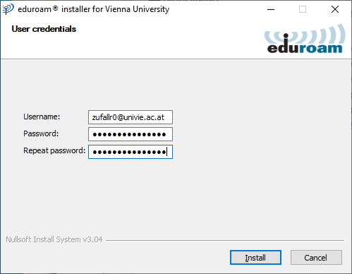 Screenshot Windows eduroam CAT user id and password