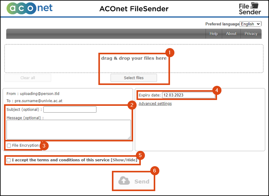 Screenshot view of FileSender for external persons