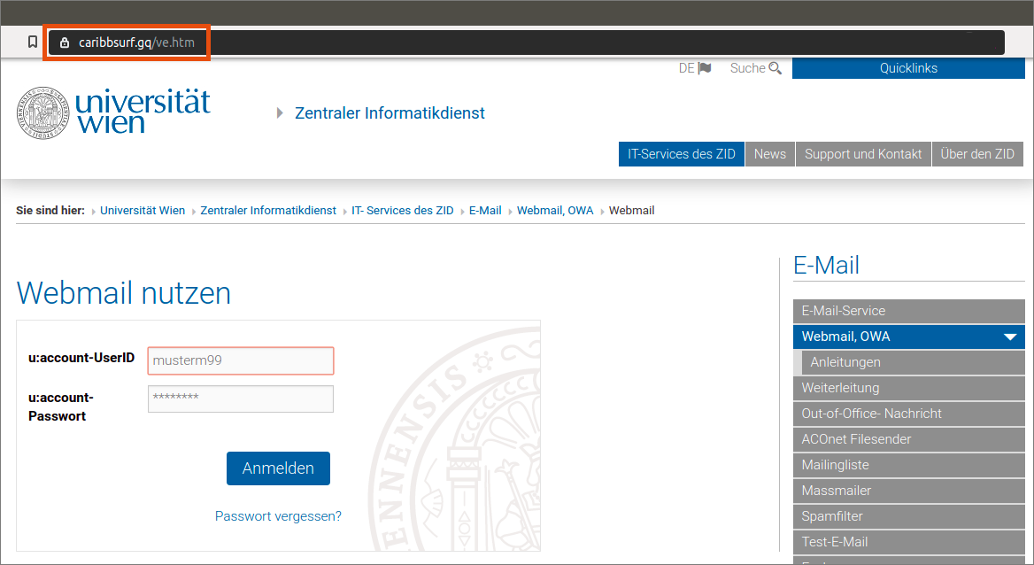 Screenshot – example phishing webmail