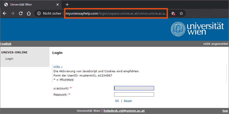 Screenshot – example phishing UNIVIS-Online