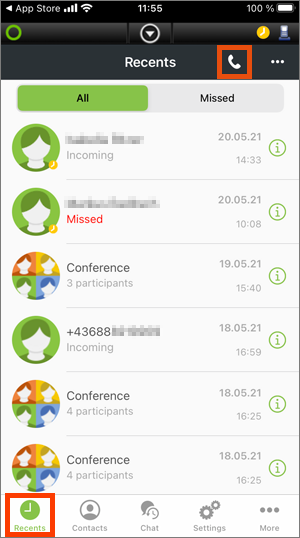 Screenshot – Recent calls