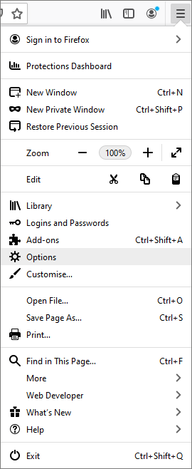 Screenshot Firefox menu - Options