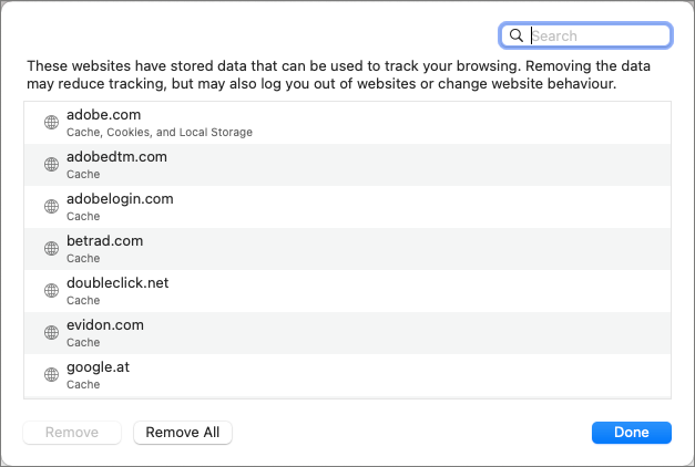 Screenshot Safari - Remove website data