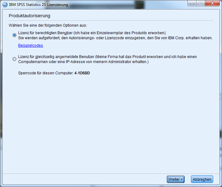 Screenshot SPSS 25 Produktautorisierung - Lizenz für berechtigten Benutzer