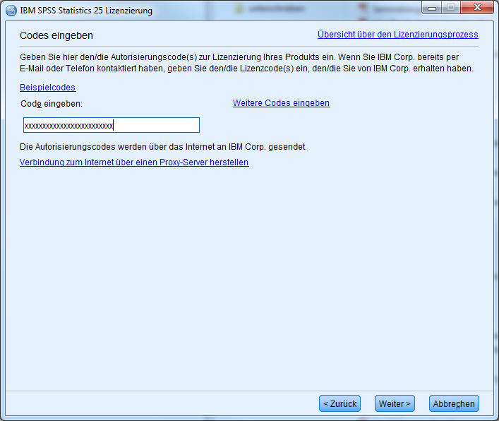 Screenshot SPSS 25 Autorisierungscode eingeben 