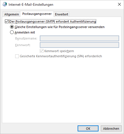 Screenshot Outlook Postausgangsserver
