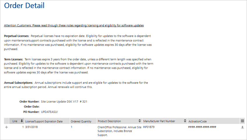Screenshot ChemDraw Order Detail - ActivationCode - Aktivierungscode