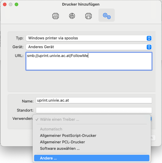 Screenshot macOS anderen Druckertreiber auswählen