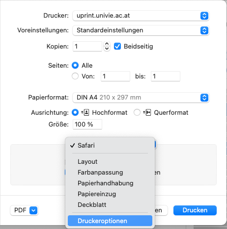 Screenshot macOS Druckdialog Menü Druckeroptionen