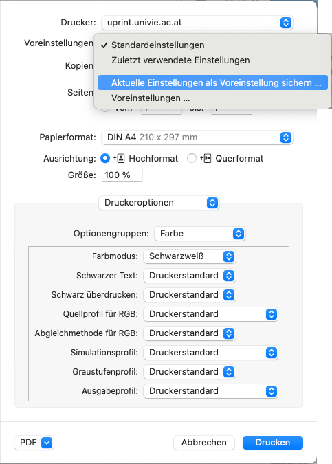Screenshot macOS Druckdialog Voreinstellung sichern