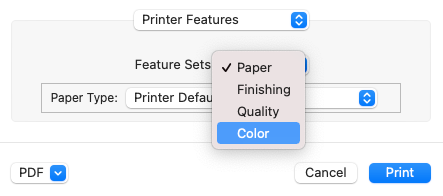 Screenshot macOS printing dialog menu colour
