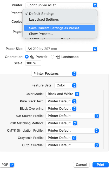Screenshot macOS printin dialog save pre-settings