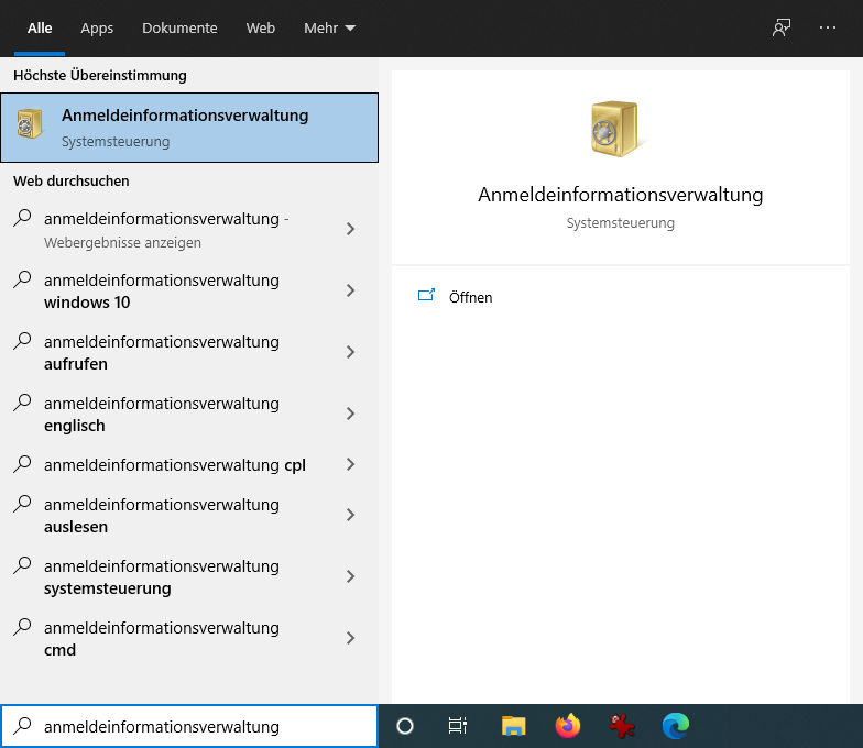Screenshot Windows 10 Anmeldeinformationsverwaltung suchen