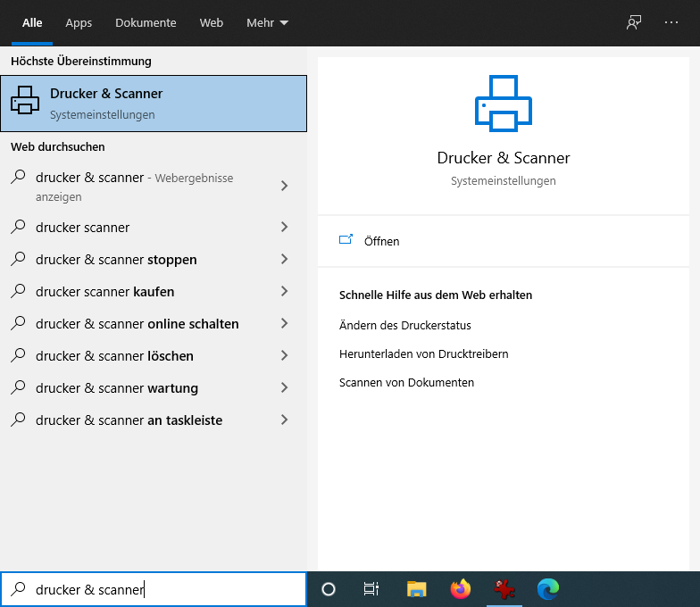 Screenshot Windows 10 Drucker & Scanner suchen