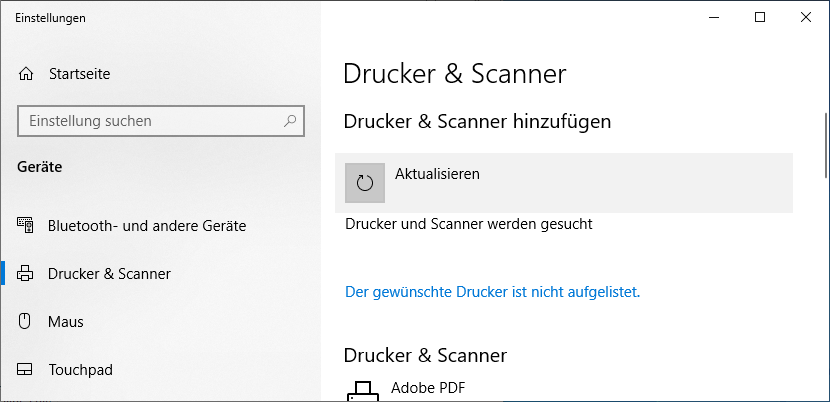 Screenshot Windows 10 Drucker ist nicht aufgelistet