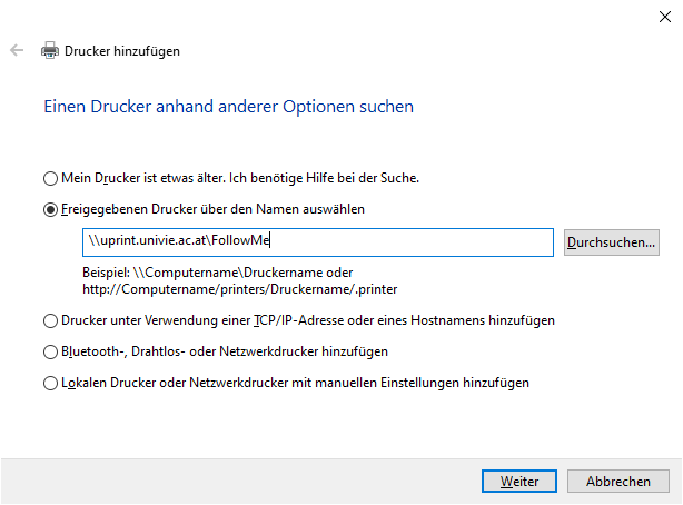 Screenshot Windows 10 Drucker hinzufügen Studierende