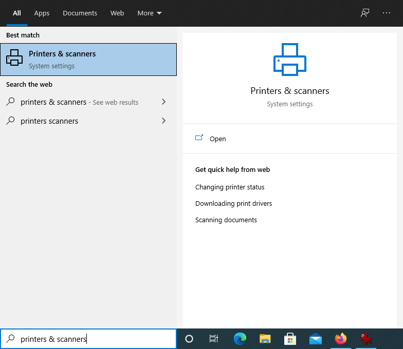 Screenshot Windows 10 search printer scanner
