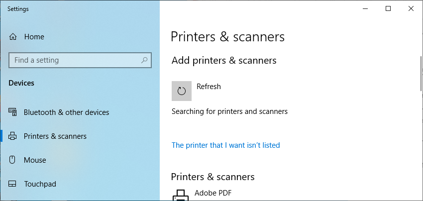 Screenshot Windows 10 printer not listed
