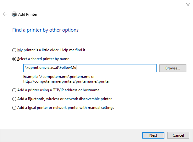 Screenshot Windows 10 Add printer student