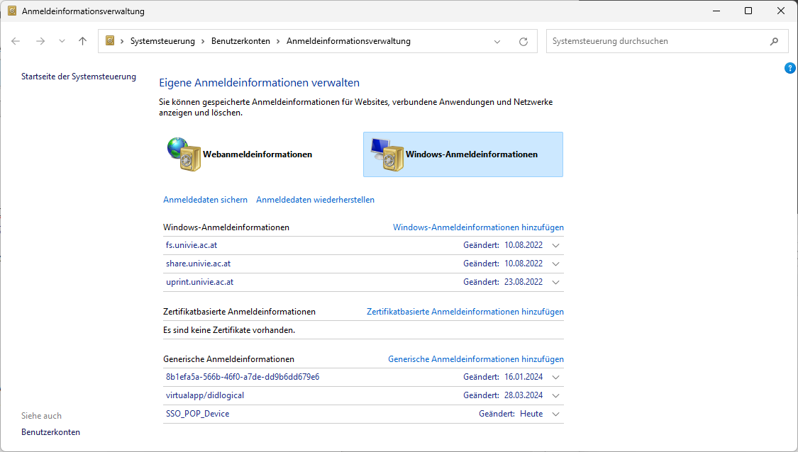 Screenshot Windows 11 Anmeldeinformationsverwaltung