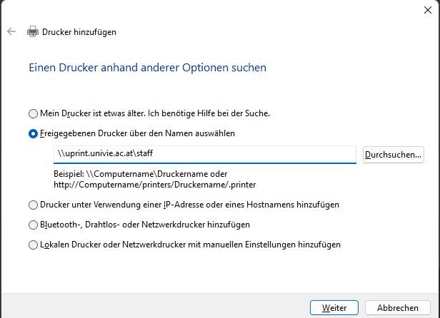 Screenshot Windows 11 Drucker hinzufügen Studierende