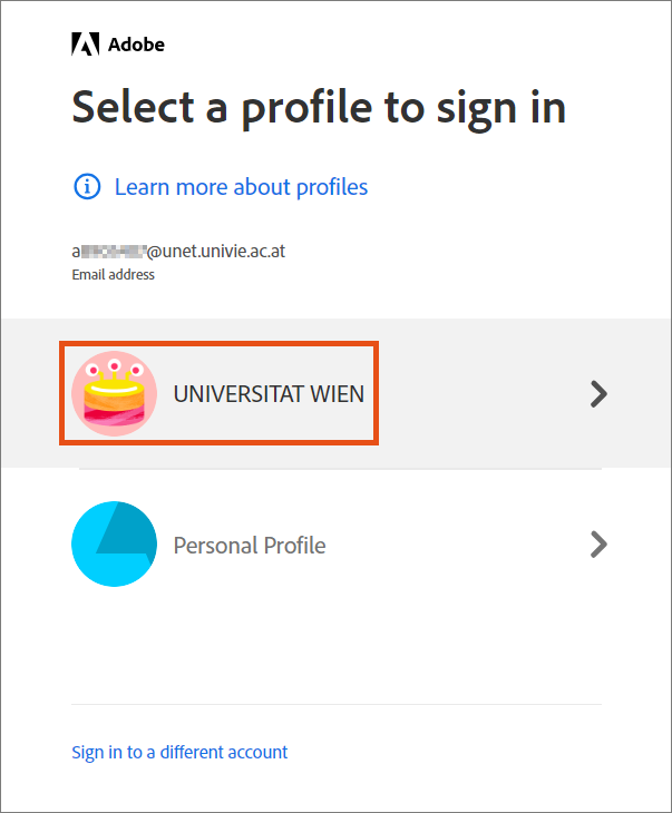 Screenshot – selecting University of Vienna