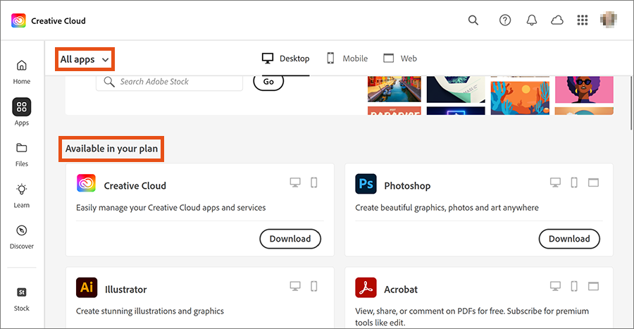 Screenshot – Creative Cloud portal all apps