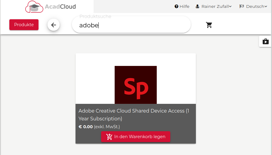 Screenshot AcadCloud Adobe Spark suchen