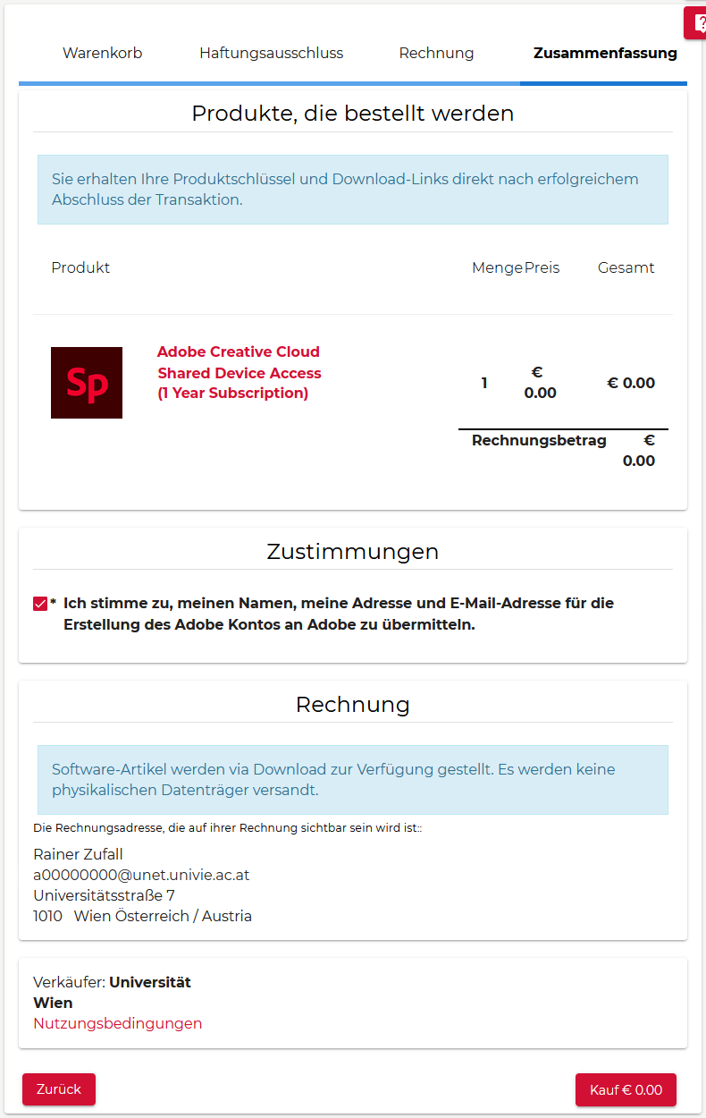 Screenshot AcadCloud Adobe Spark bestellen