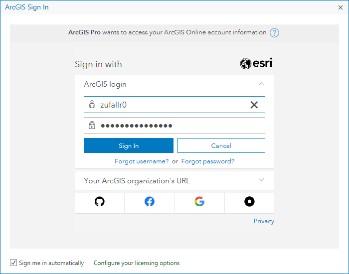 Screenshot ArcGIS Pro Login