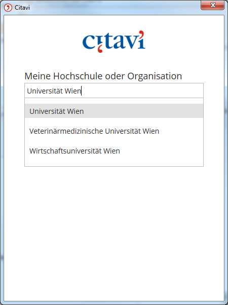 Screenshot Citavi Meine Hochschule oder Organisation auswählen 