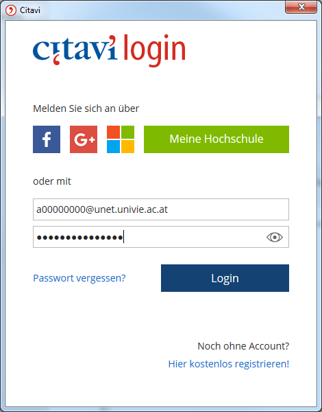 Screenshot Citavi Anmelden mit u:account-E-Mail-Adresse und Citavi Passwort 