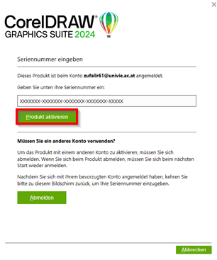 Screenshot Produkt aktivieren