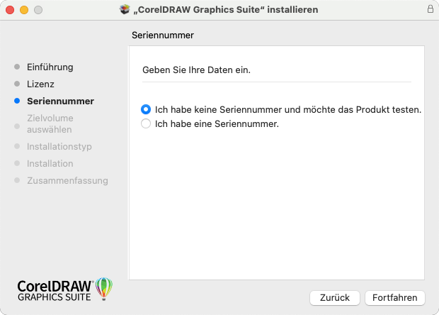 Screenshot CorelDraw Installation macOS - Testversion