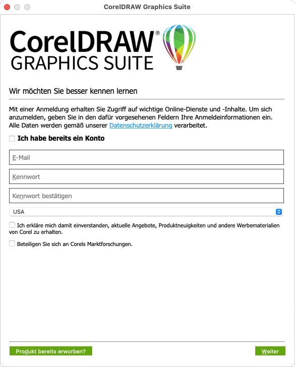 Screenshot CorelDraw Lizenzierung - Produkt bereits erworben