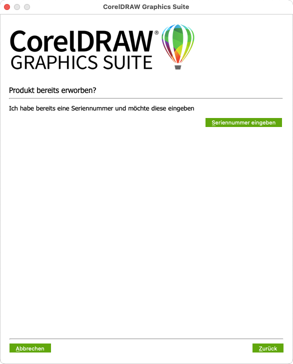 Screenshot CorelDraw Lizenzierung - Seriennummer eingeben
