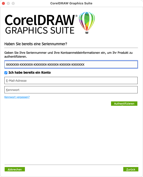 Screenshot CorelDraw Lizenzierung - Seriennummer eingeben