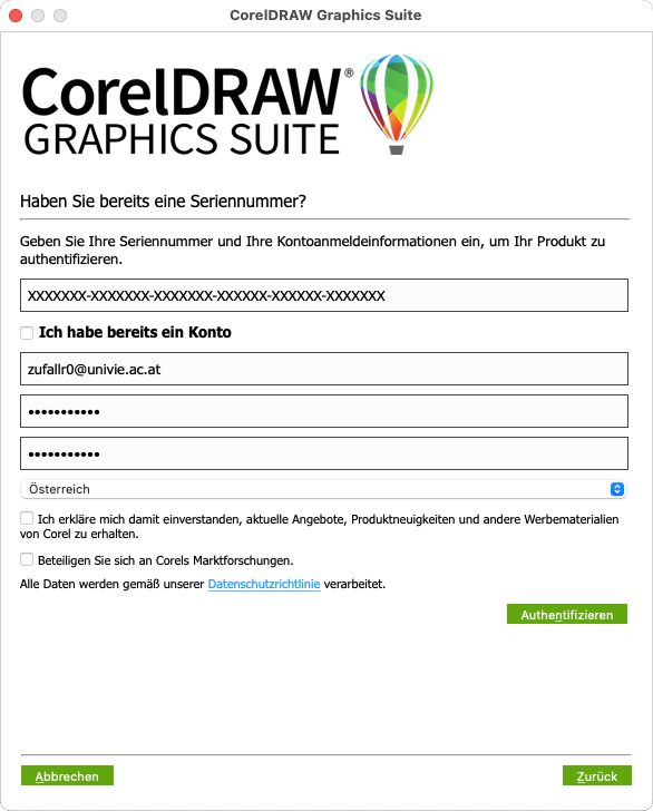 Screenshot CorelDraw Lizenzierung - neues Konto anlegen